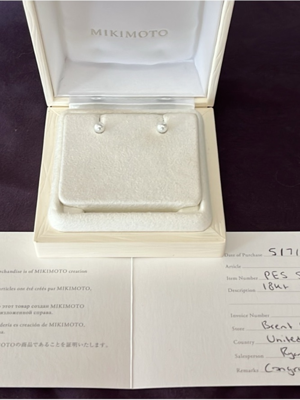 Mikimoto White Pearl Stud Earrings in White Gold Setting - Picture 1 of 2
